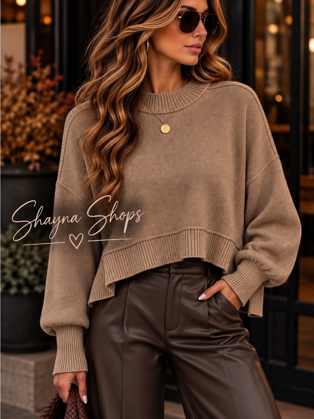 Zenana Oversized LT Mocha Mock Neck Cropped Sweater Exposed Seam Hi Low CC08